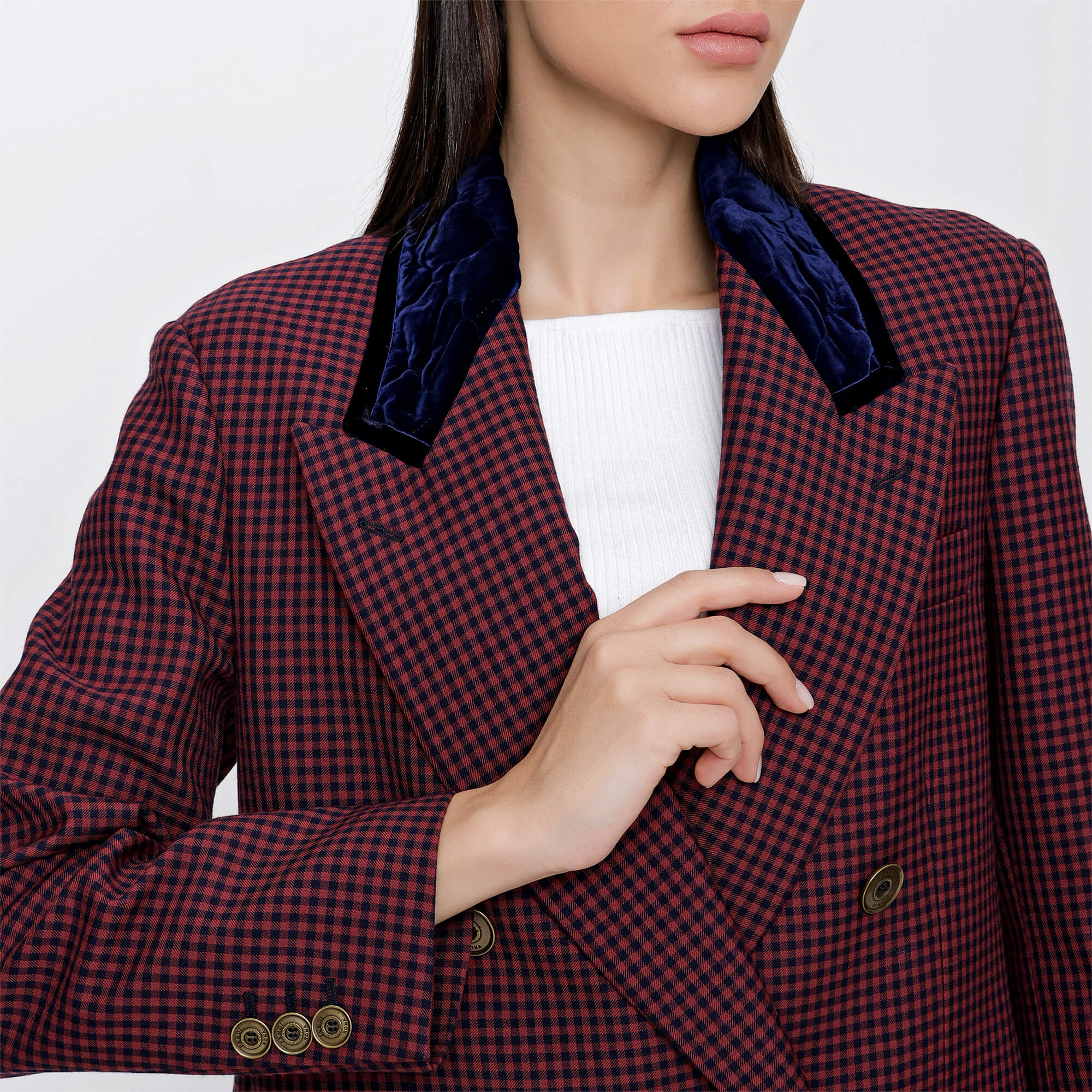 Fendi - Red Wool Gingham Check Jacket and A Line Midi Skirt Suit